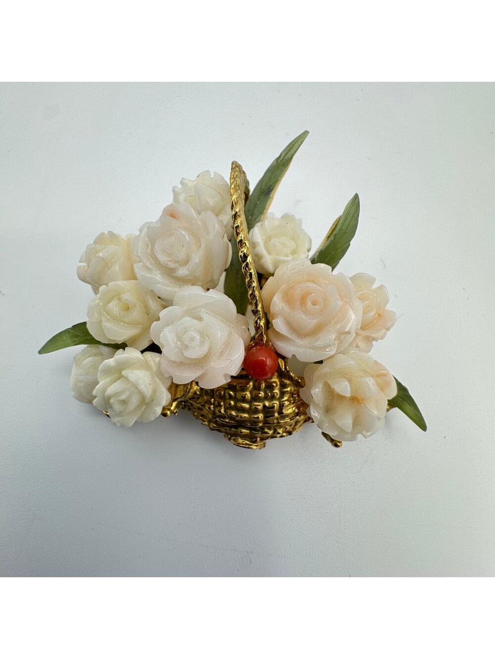 Carved Coral and Jade Floral Basket Brooch